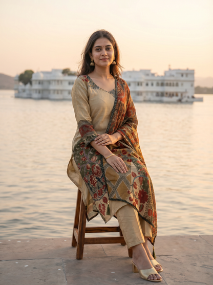 Silk Embroidered Straight Kurta with Trousers & Dupatta 12723-2