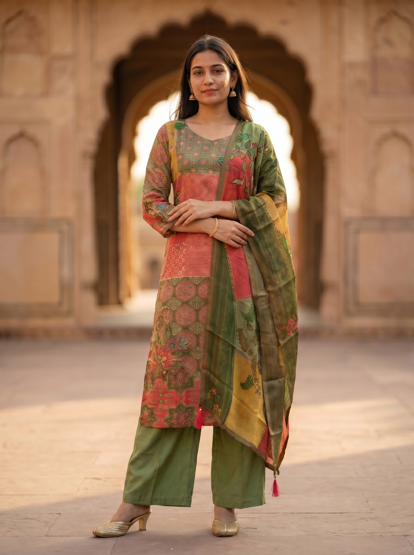 Rich Silk Embroidered Straight Kurta with Trousers & Dupatta 12722
