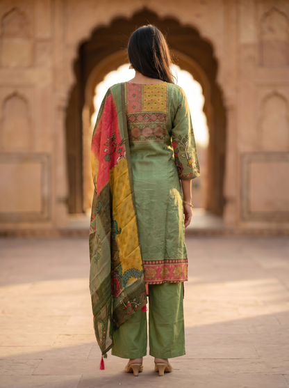 Rich Silk Embroidered Straight Kurta with Trousers & Dupatta 12722