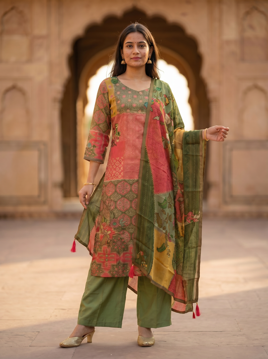 Rich Silk Embroidered Straight Kurta with Trousers & Dupatta 12722
