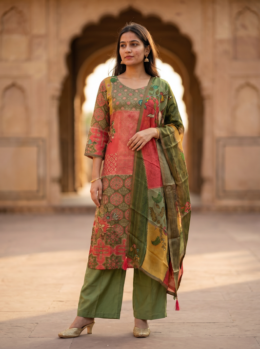 Rich Silk Embroidered Straight Kurta with Trousers & Dupatta 12722