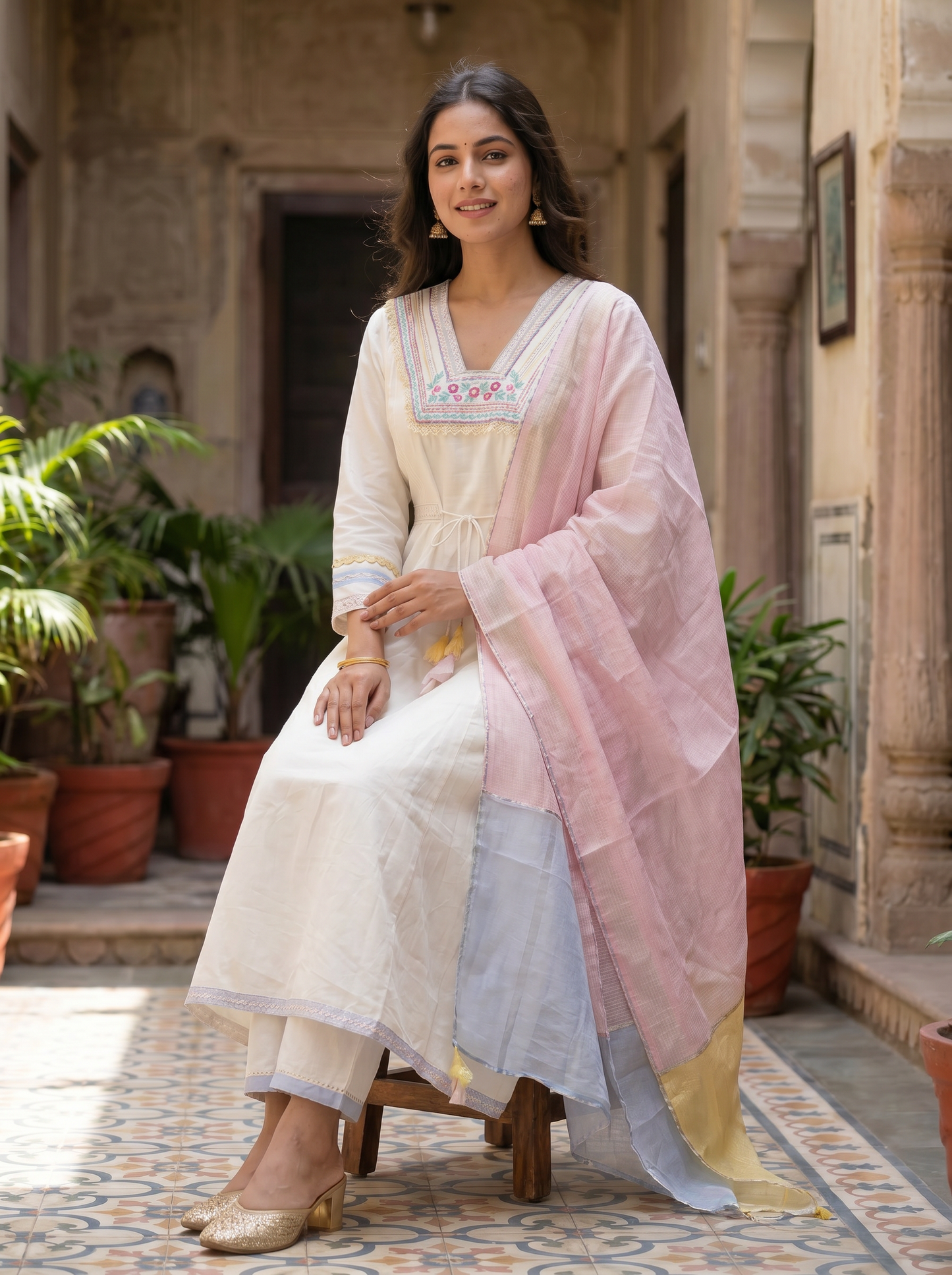 Cool Cotton Straight Kurta with Trousers & Dupatta 12621