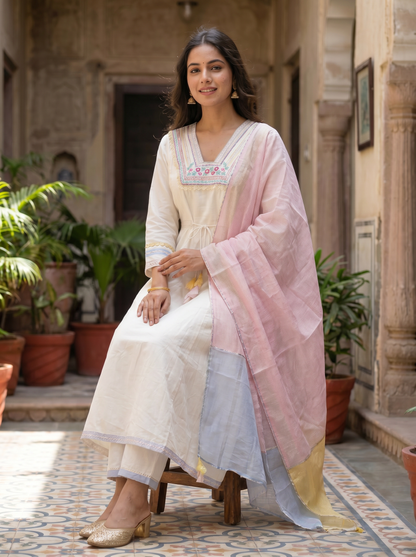Cool Cotton Straight Kurta with Trousers & Dupatta 12621