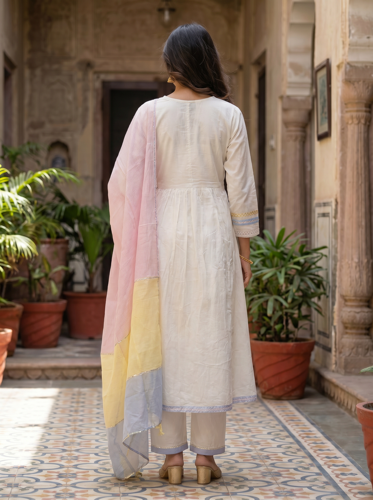 Cool Cotton Straight Kurta with Trousers & Dupatta 12621