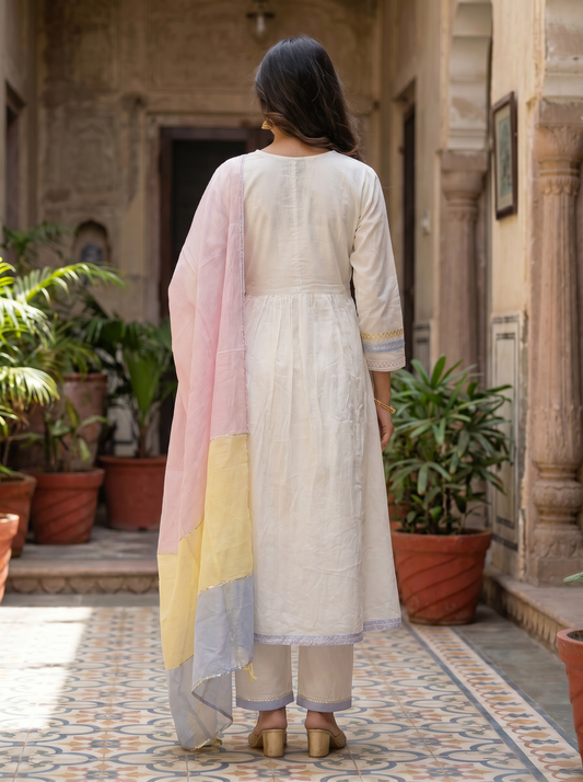 Cool Cotton Straight Kurta with Trousers & Dupatta 12621