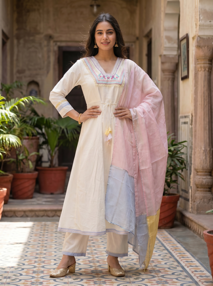 Cool Cotton Straight Kurta with Trousers & Dupatta 12621