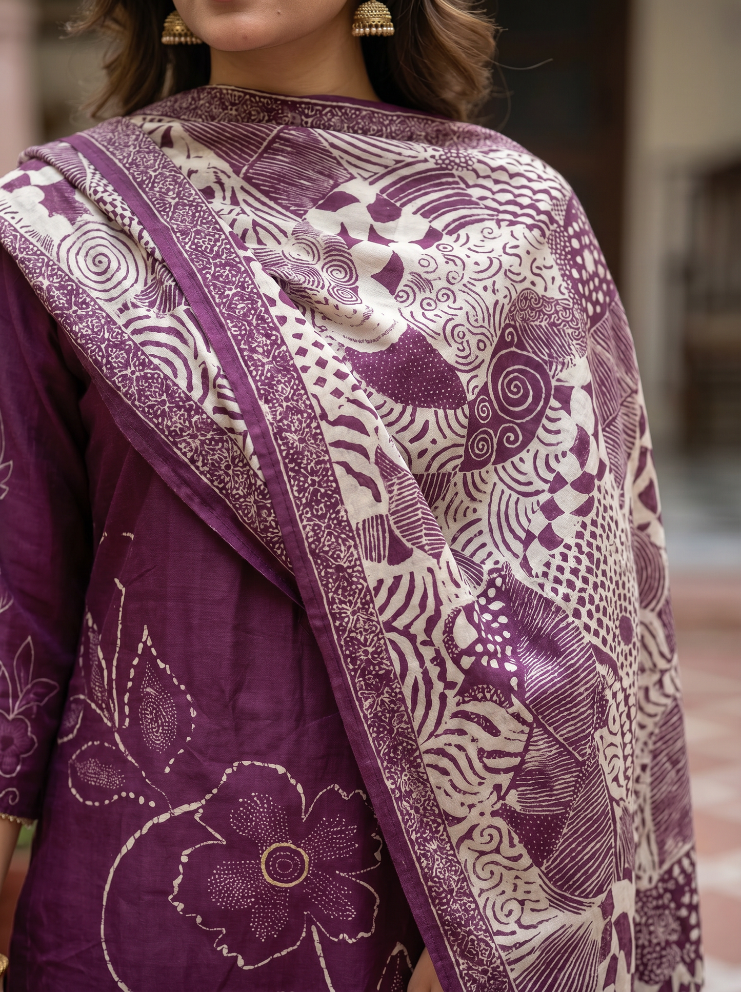 Deep purple Cotton kurta set with Dupatta 12807