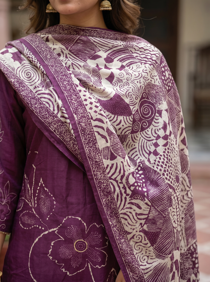 Deep purple Cotton kurta set with Dupatta 12807