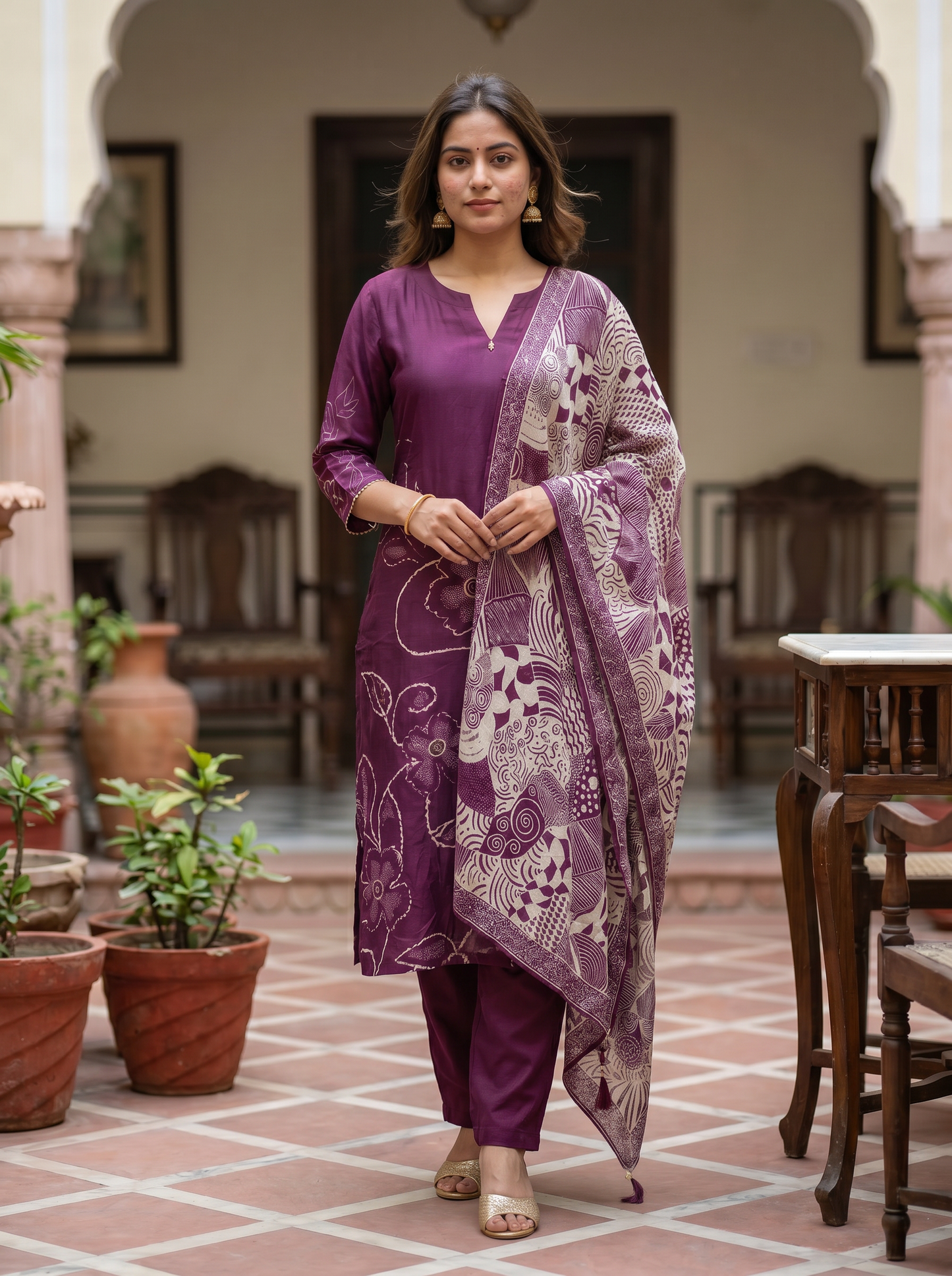 Deep purple Cotton kurta set with Dupatta 12807