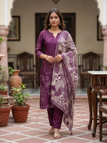 Deep purple Cotton kurta set with Dupatta 12807