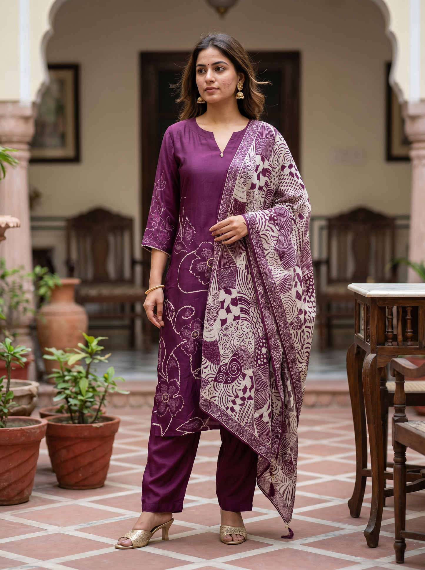 Deep purple Cotton kurta set with Dupatta 12807