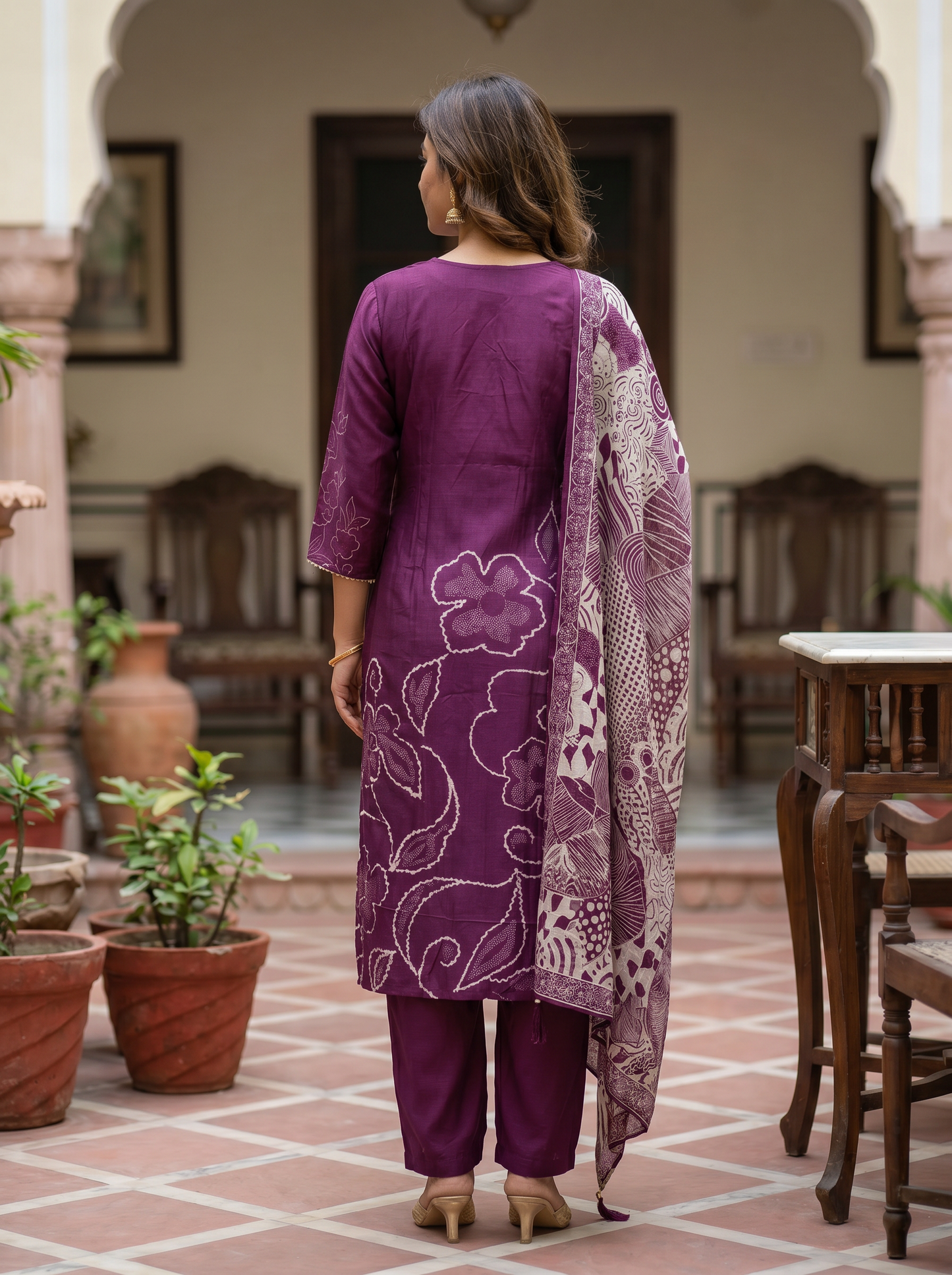 Deep purple Cotton kurta set with Dupatta 12807