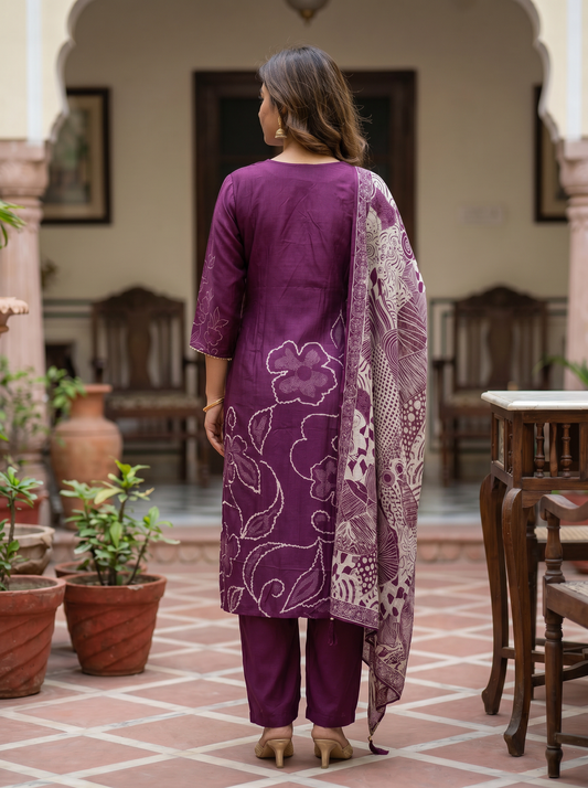 Deep purple Cotton kurta set with Dupatta 12807