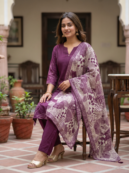Deep purple Cotton kurta set with Dupatta 12807