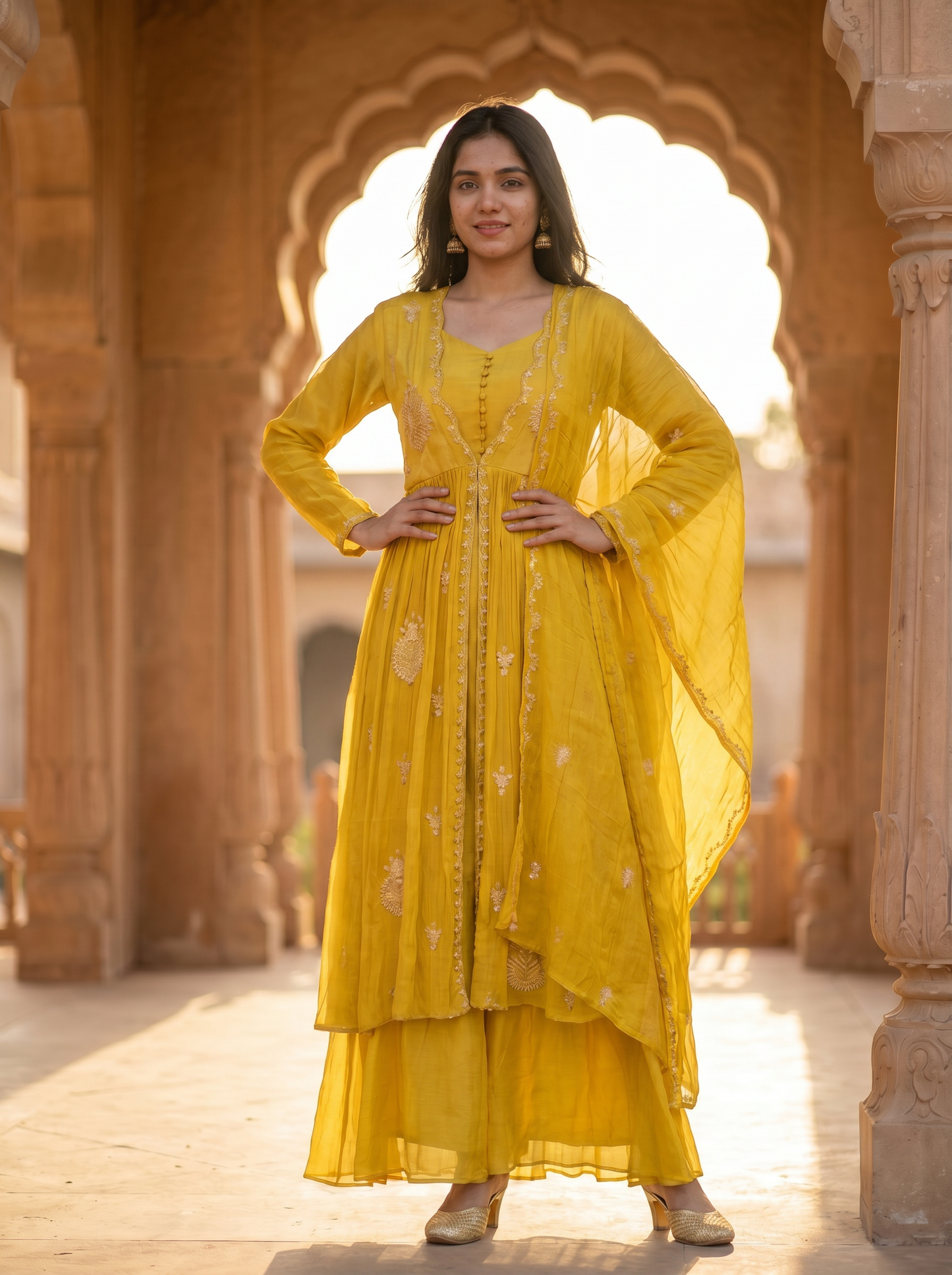 Butter Yellow Crush Geogrette kurta set with Dupatta  SE328180-2