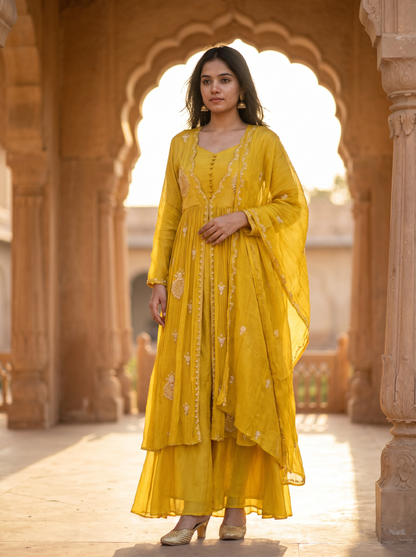 Butter Yellow Crush Geogrette kurta set with Dupatta  SE328180-2