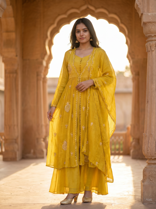 Butter Yellow Crush Geogrette kurta set with Dupatta  SE328180-2