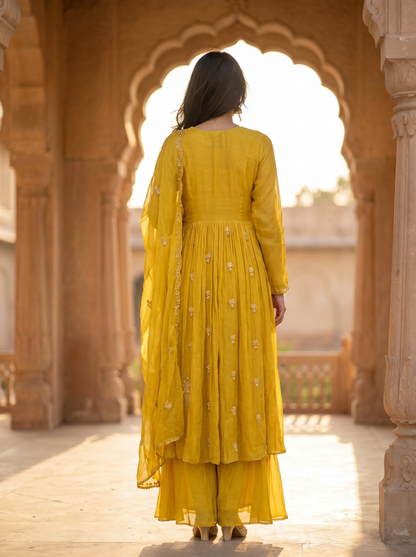 Butter Yellow Crush Geogrette kurta set with Dupatta  SE328180-2