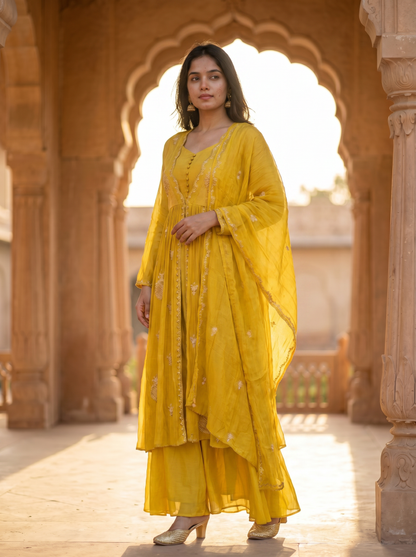 Butter Yellow Crush Geogrette kurta set with Dupatta  SE328180-2