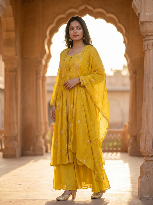 Butter Yellow Crush Geogrette kurta set with Dupatta  SE328180-2