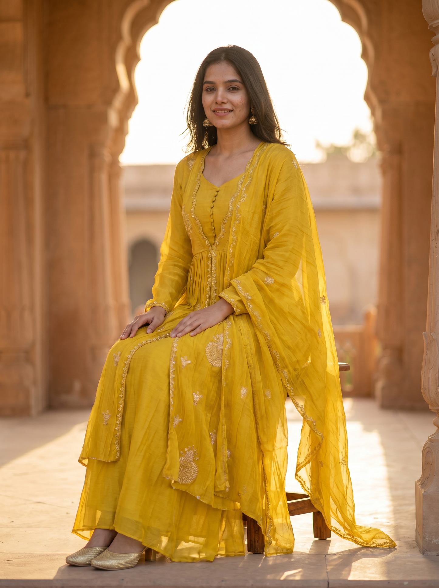 Butter Yellow Crush Geogrette kurta set with Dupatta  SE328180-2