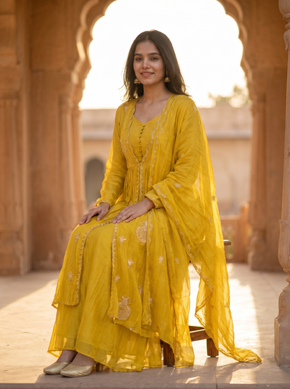 Butter Yellow Crush Geogrette kurta set with Dupatta  SE328180-2