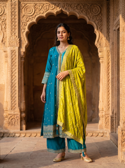 Firozi Silk kurta set with Dupatta  90340
