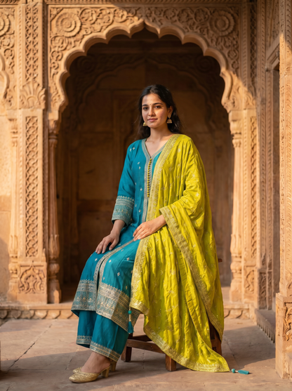 Firozi Silk kurta set with Dupatta  90340