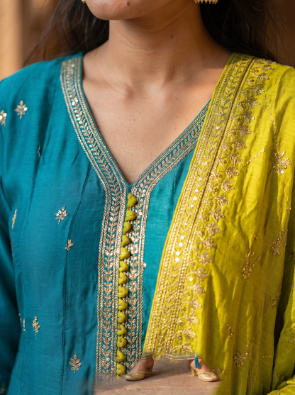 Firozi Silk kurta set with Dupatta  90340
