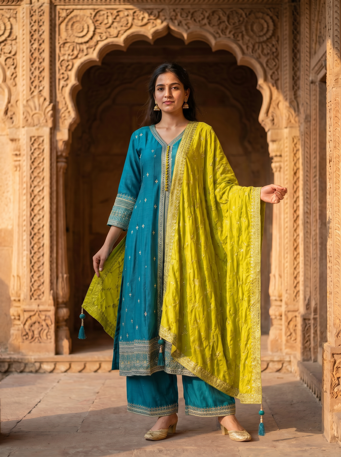Firozi Silk kurta set with Dupatta  90340