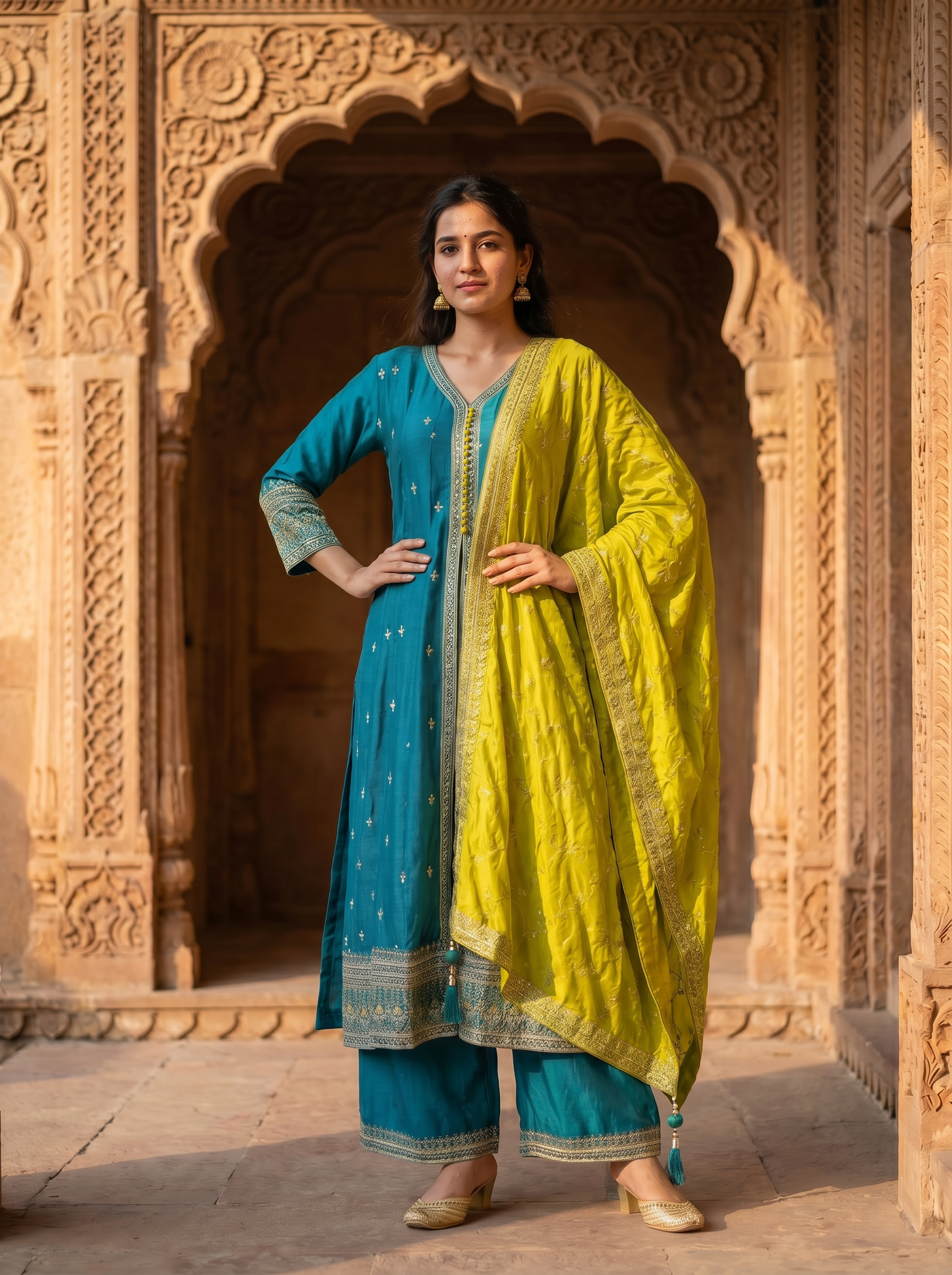 Firozi Silk kurta set with Dupatta  90340