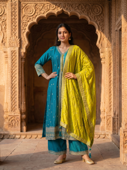 Firozi Silk kurta set with Dupatta  90340