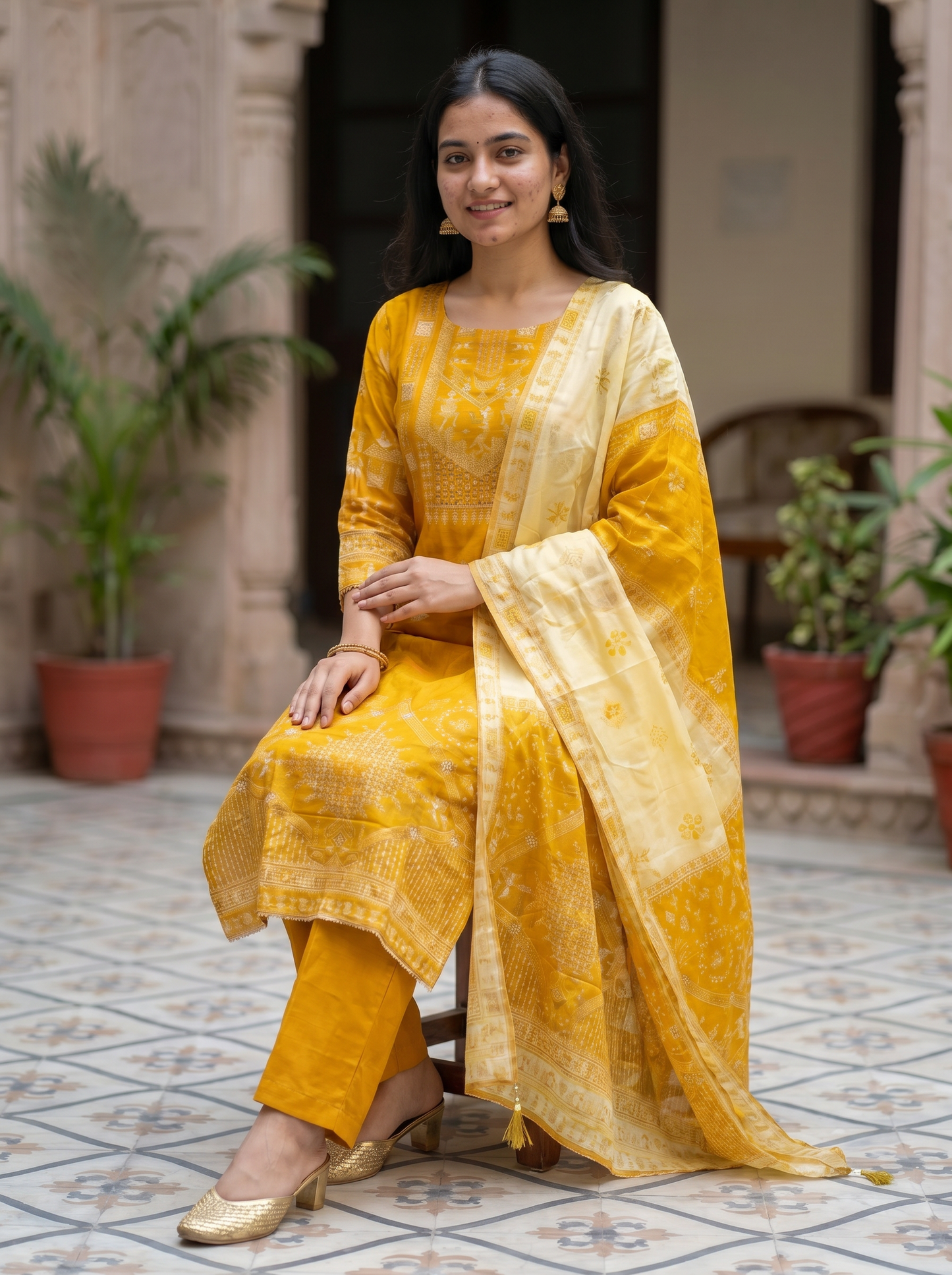 Sun Yellow Silk kurta set with Dupatta 12740