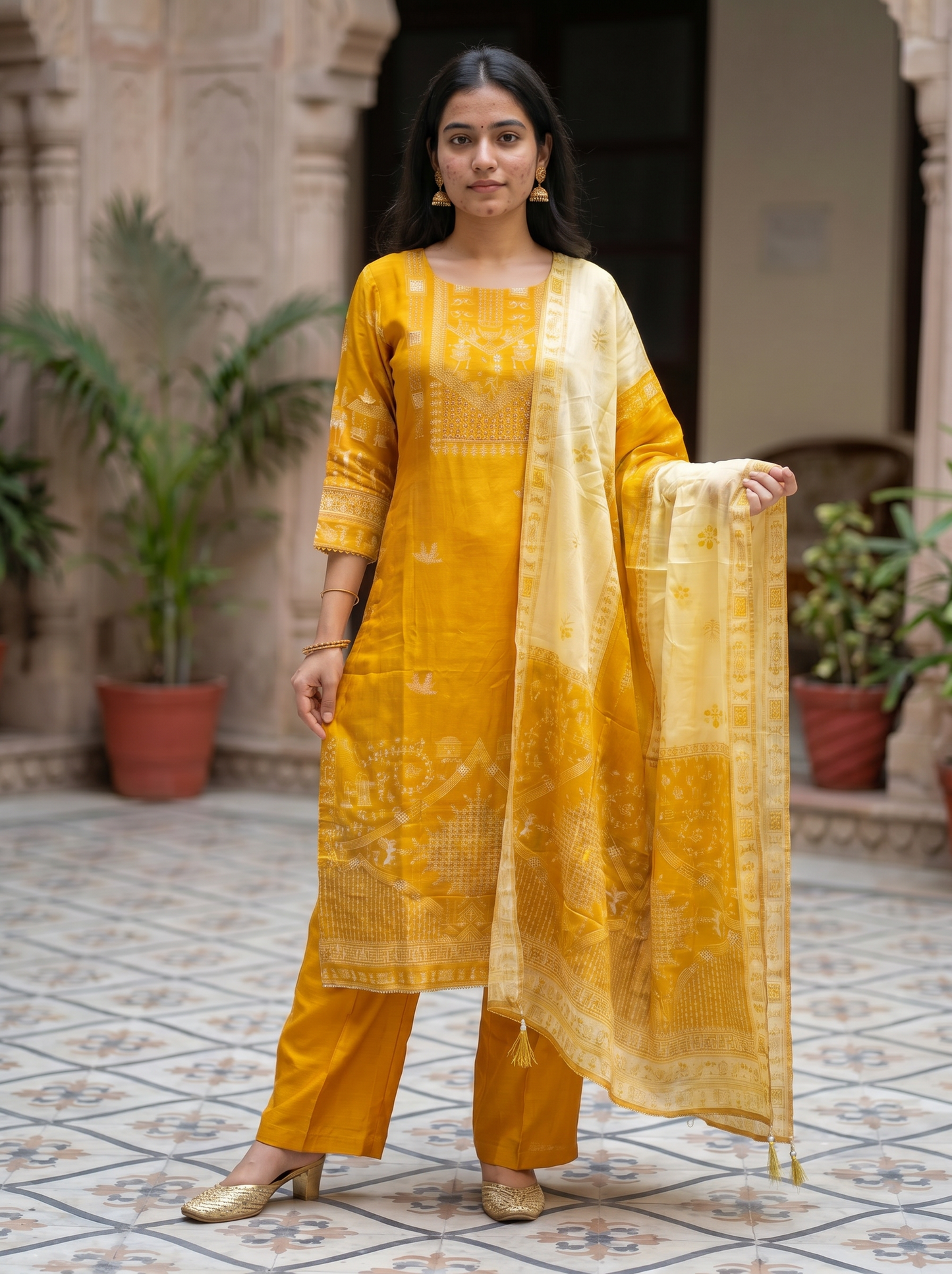 Sun Yellow Silk kurta set with Dupatta 12740