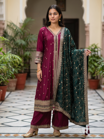 Rich Maroon Silk kurta set with Dupatta 90370