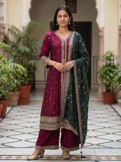 Rich Maroon Silk kurta set with Dupatta 90370