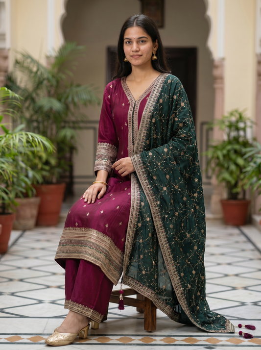 Rich Maroon Silk kurta set with Dupatta 90370