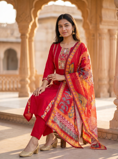 Vibrant Red kurta set with Dupatta 12784