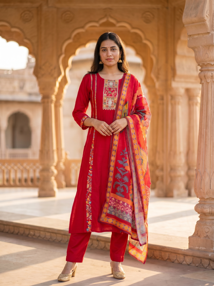 Vibrant Red kurta set with Dupatta 12784