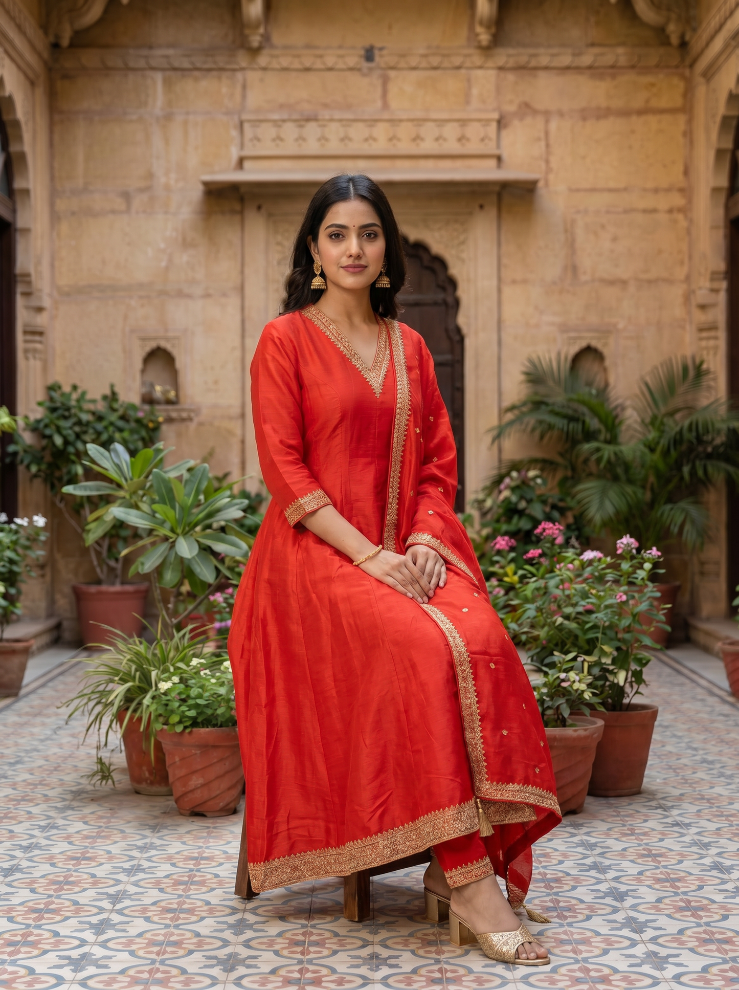 Bright Red Embroidered Kurta set & Dupatta 21409-1