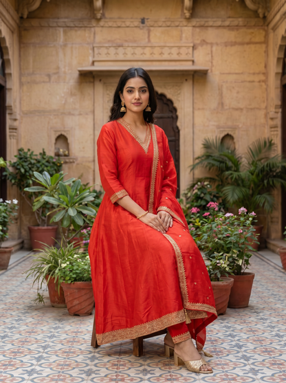 Bright Red Embroidered Kurta set & Dupatta 21409-1