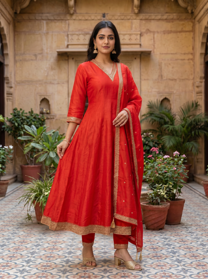 Bright Red Embroidered Kurta set & Dupatta 21409-1
