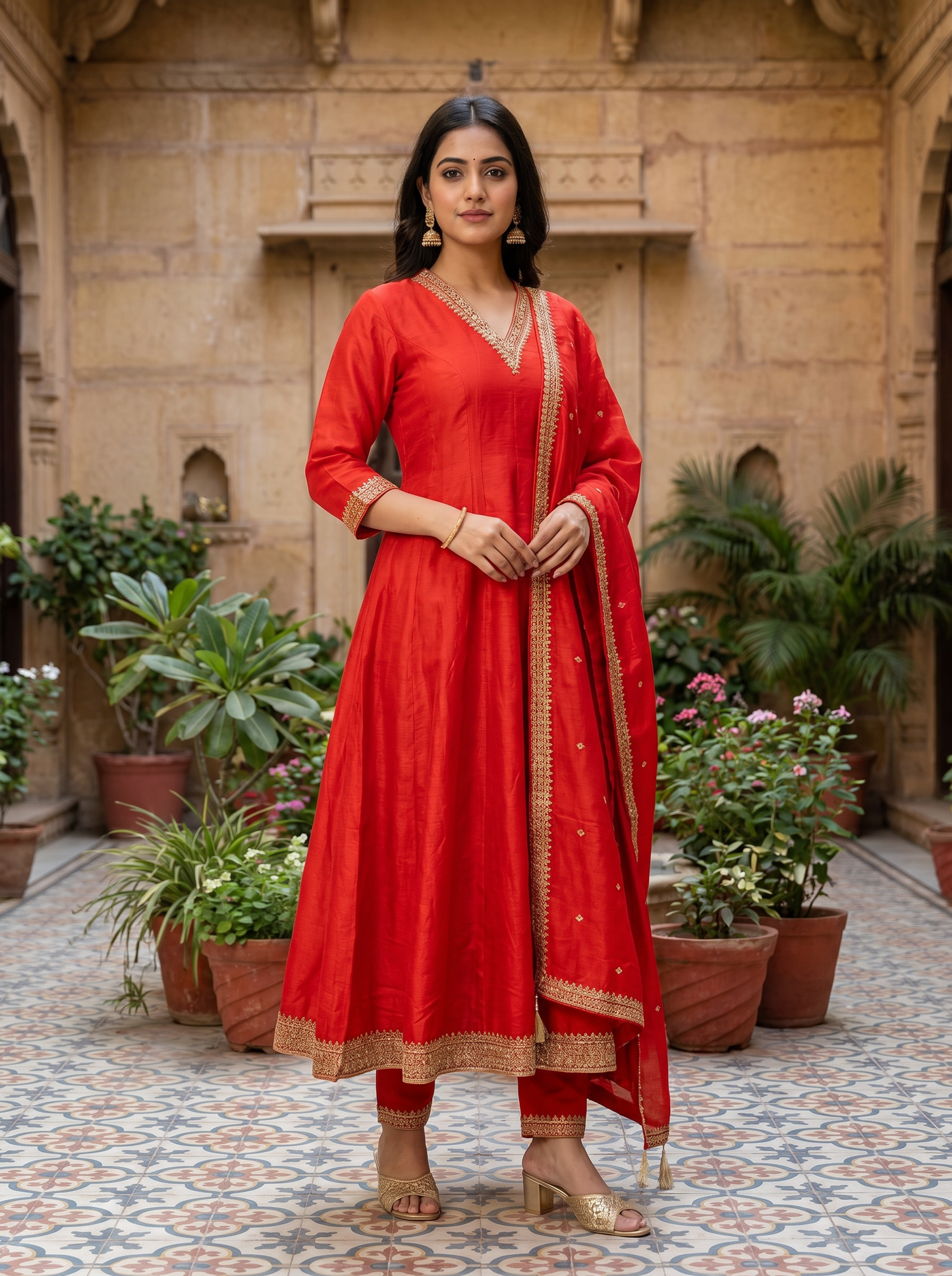 Bright Red Embroidered Kurta set & Dupatta 21409-1