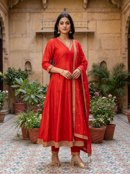 Bright Red Embroidered Kurta set & Dupatta 21409-1
