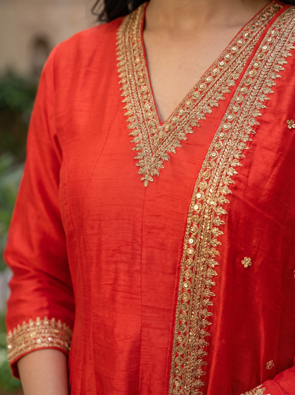 Bright Red Embroidered Kurta set & Dupatta 21409-1