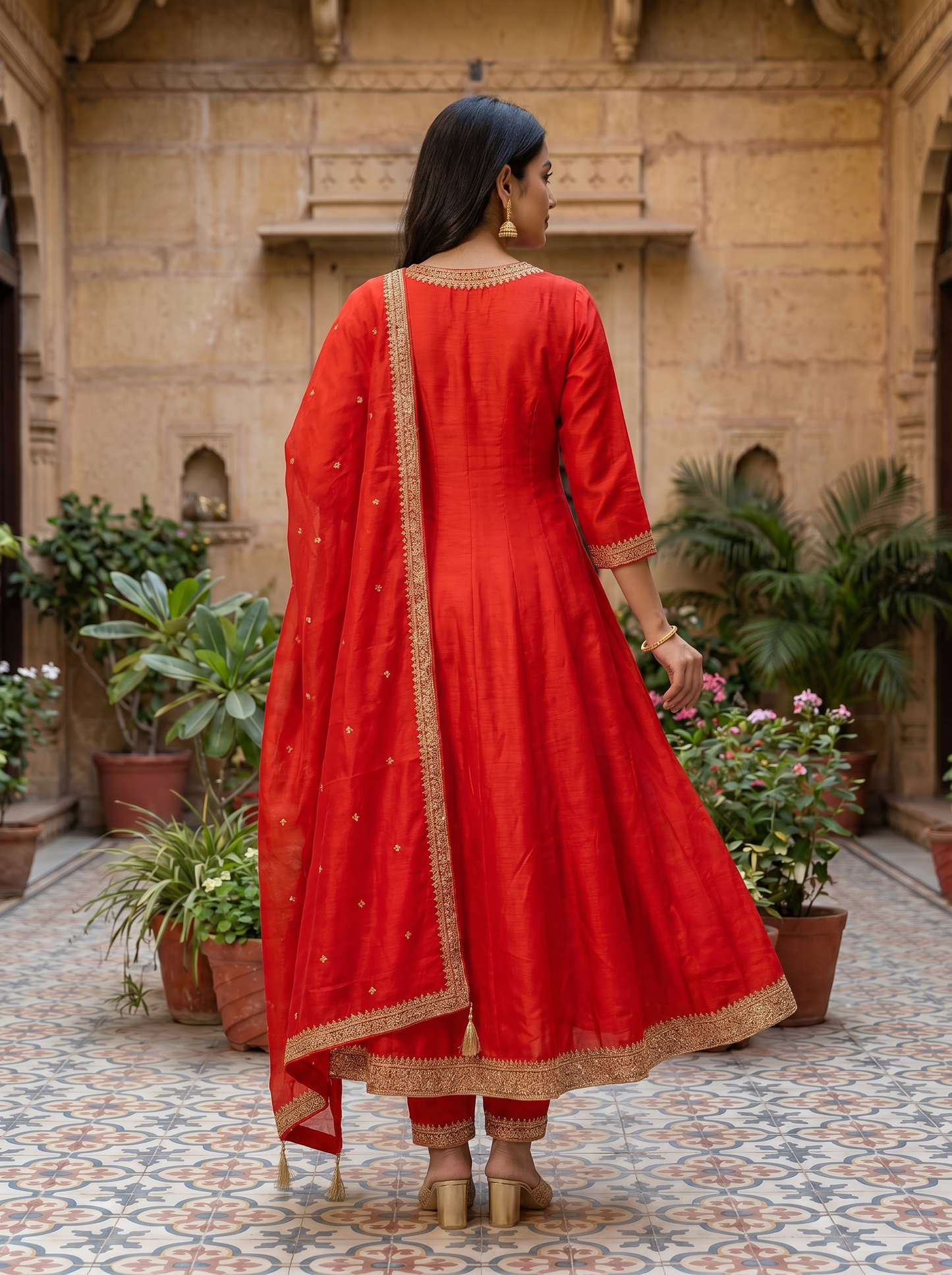 Bright Red Embroidered Kurta set & Dupatta 21409-1
