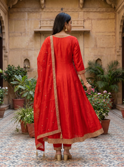 Bright Red Embroidered Kurta set & Dupatta 21409-1