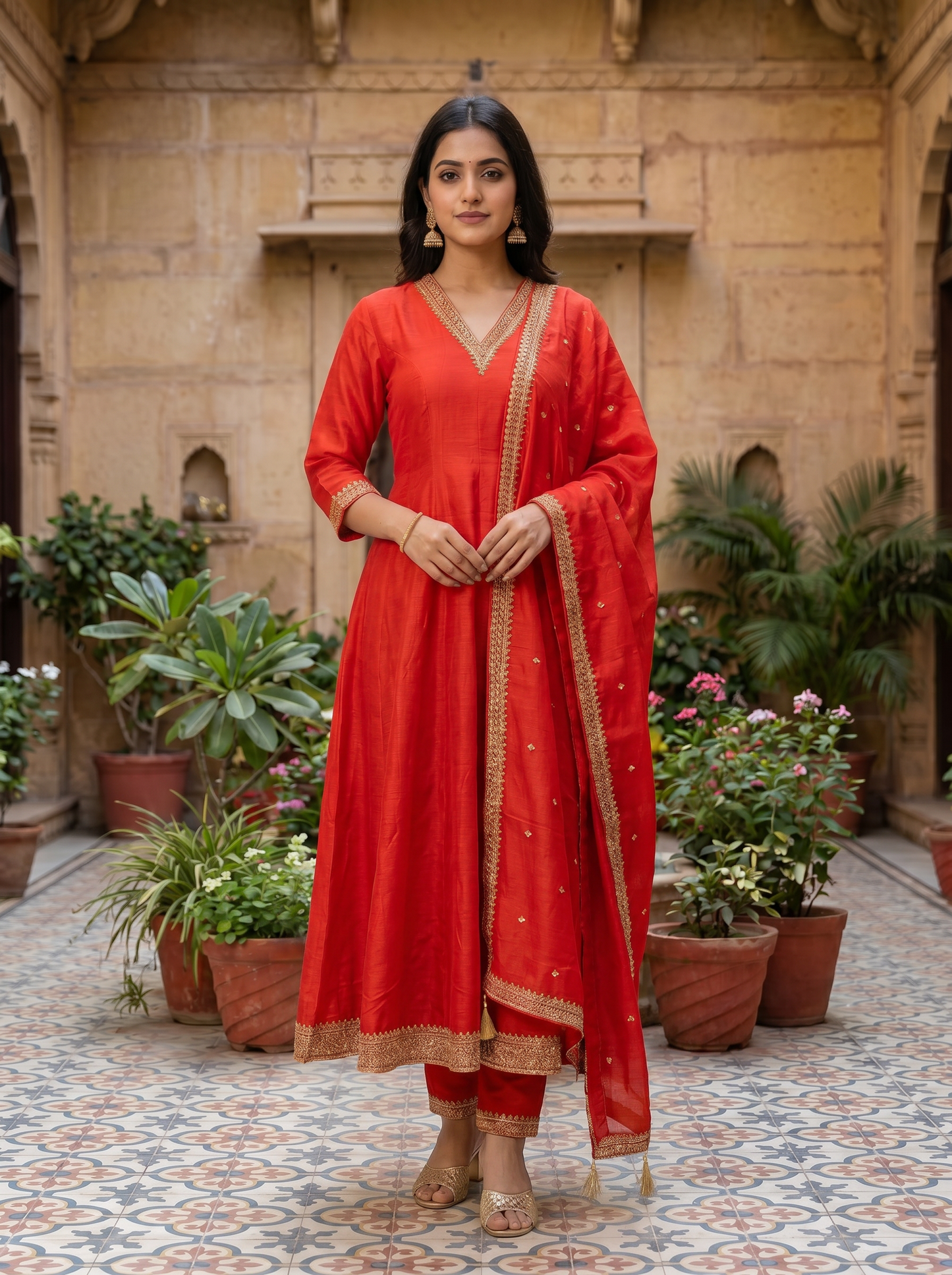 Bright Red Embroidered Kurta set & Dupatta 21409-1
