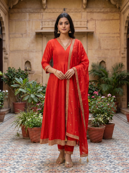 Bright Red Embroidered Kurta set & Dupatta 21409-1