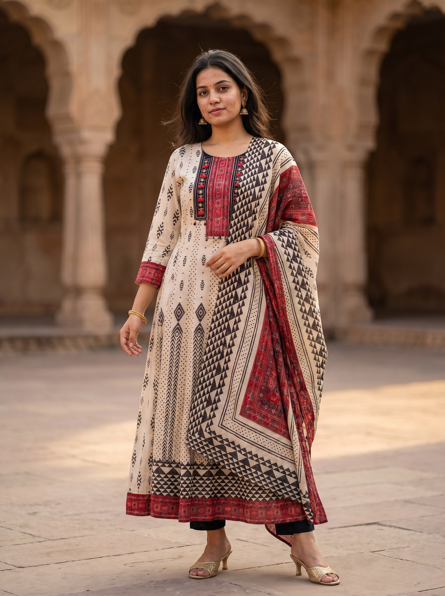 Cream Cotton Embroidery kurta set 12515